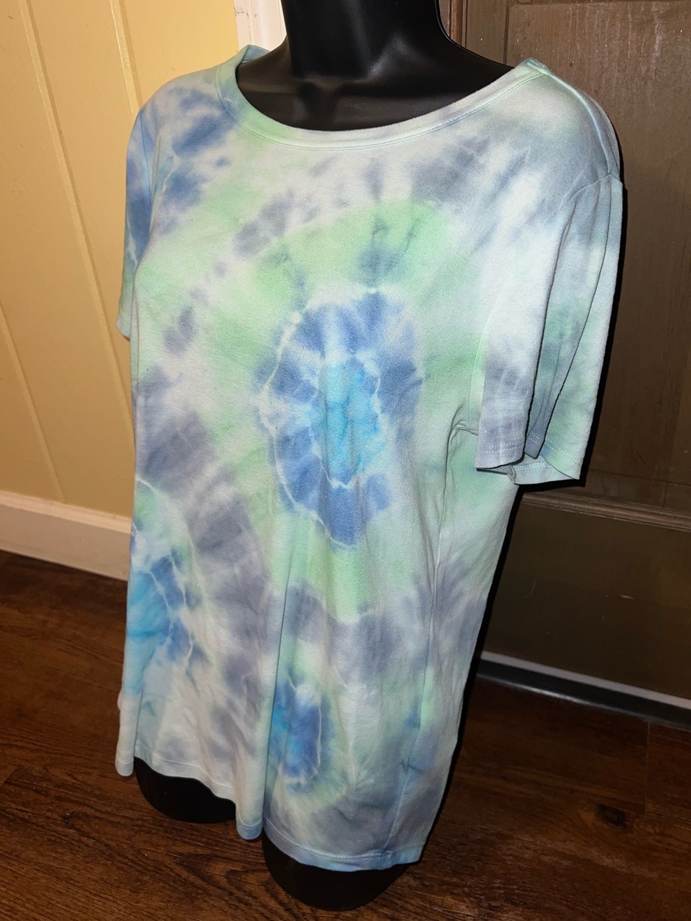 Handmade Geode Tie-Dye Retro Short Sleeve Shirt Cotton Y2K Blue Green Size L - Picture 5 of 8